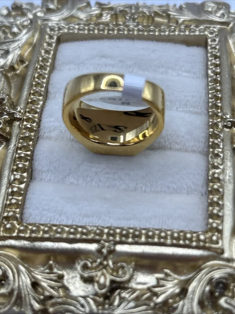 Vintage Gold Tone Signet Ring Red Rhinestone Square Size 8 NOS Mens Unisex